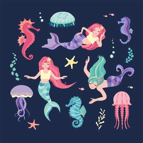 Set van zeemeermin kwallen en zeepaardjes schattige kleine meisjes ...