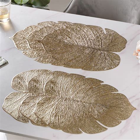 Taro Leaves Placemat Set of 6 Gold 15x12 Inch