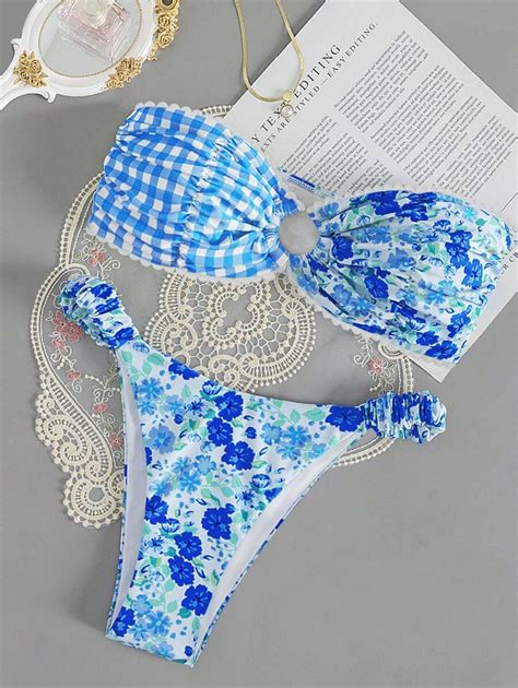 SHEIN Swim Randomly Printed Bandeau Cutout Bikini Two-Piece Set, Summer ...