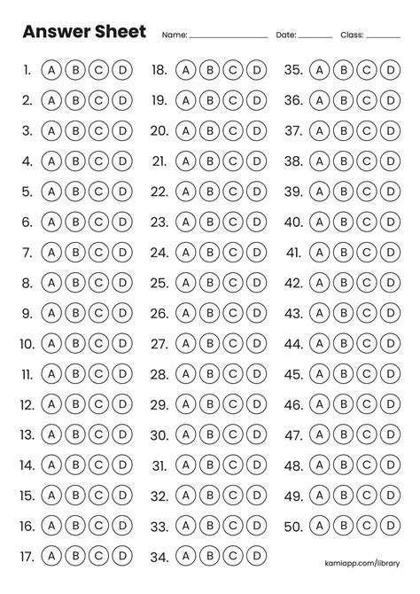 Free Printable Answer Sheet 1 50 | Fanny Printable