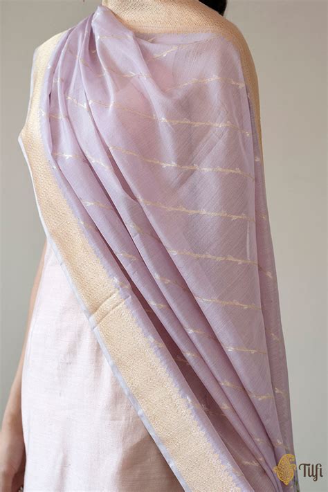 Light Lavender Pure Kora Silk by Cotton Banarasi Handloom Dupatta - Tilfi