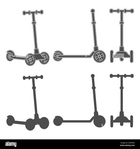 Set of black and white illustration with children three-wheeled scooter ...