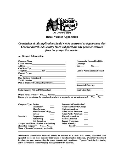 Cracker Barrel Retail Vendor Application Form - Fill Online, Printable ...
