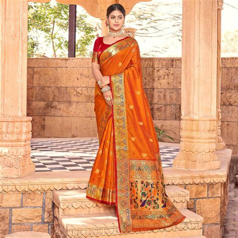 Mustard Yellow Festive Wear Woven Handloom Paithani Silk Saree