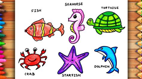How to draw Water Animals Easily | Aquatic Animals Drawing For ...