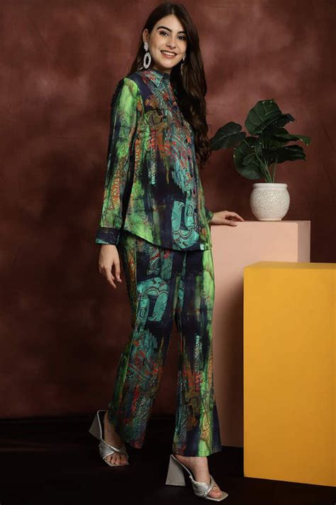 Co-Ord Set for Women - Green Abstract Printed Shirt | Claura