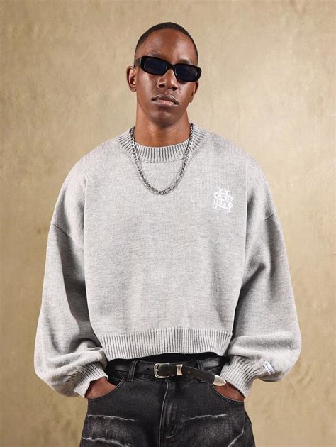 SUMWON Relaxed Fit Monogram Knit Jumper Vintage Style Crew Neck Sweater ...