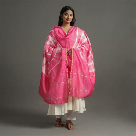 Shibori Tie-Dye Handloom Chanderi Silk Dupatta with Zari Border 50