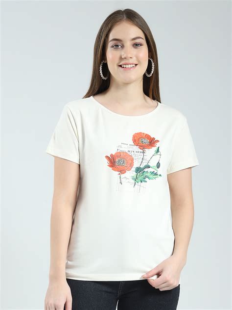 Buy Women Off White Printed Round Neck Half Sleeve Top Online in India ...