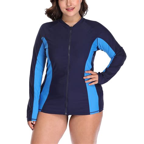 Asoul Women's Plus Size Rash Guard Color Block Long Sleeve Zip Front ...