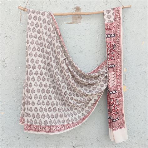 TARA-Pure Cotton Bagh White With Red And Black Hand Block Printed Fabr ...