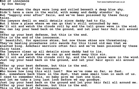 Bruce Springsteen song: End Of Innocence, lyrics