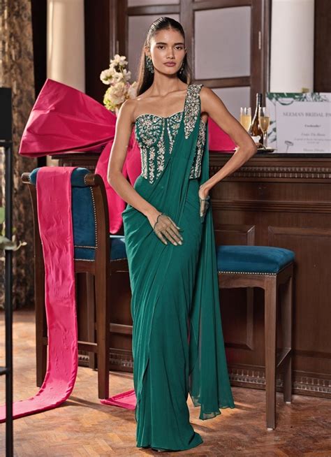 Emerald Green Georgette Pre Draped Saree With Corset Blouse - Seema ...