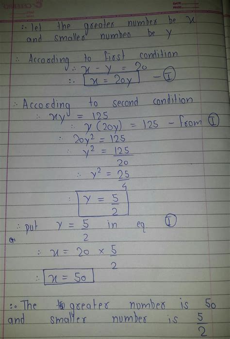 The difference between 2 numbers is twenty, and the product is 125 ...