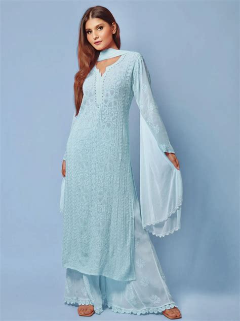 Baby Blue Chikankari & Mukaish Kurta Set (Set of 3) – Shop Label ...