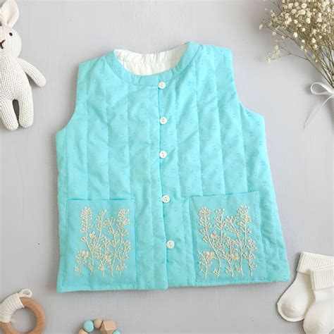 Keebee Organic Cotton Embroidered Turquoise Blue Quilted Vest with Poc ...
