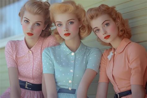 레트로 폴카 도트 드레스 를 입은 세 명 의 젊은 여자 들 | 프리미엄 AI 생성 이미지