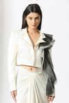 Buy White Net Ruffles Structured Crop Blazer And Draped Skirt Set For ...