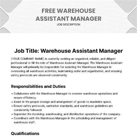 Free Warehouse Assistant Manager Job Description Template to Edit Online