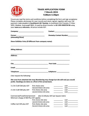 Fillable Online southlandapshow co TRADE APPLICATION FORM 7 March 2015 ...
