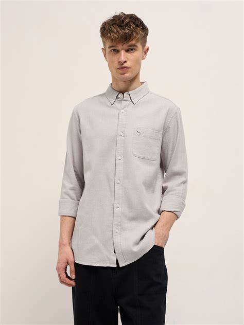 Shop Grey Solid Slim Fit Cotton Casual Shirt with Button-Down Collar ...