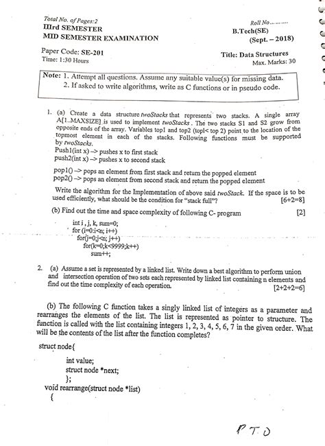 New SE 2K18 Mid sem - Question on DSA - Data Structures 2 - Studocu