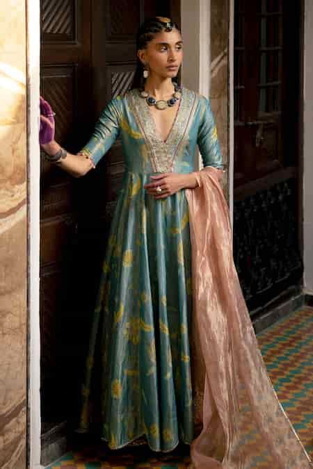 Buy Blue Anarkali Silk, Dupatta Floral Print, Bead With Embroidered For ...