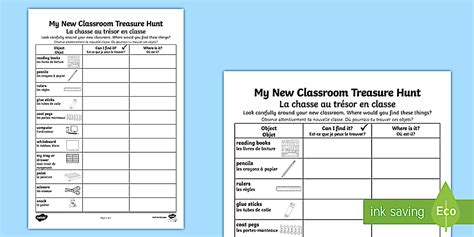 Editable My New Classroom Treasure Hunt Worksheet - French