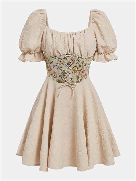 SHEIN Teen Girls Floral Print Lace Up Front Puff Sleeve Dress | SHEIN USA