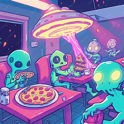 Premium AI Image | Aliens eating pizza in a diner with a ufo ship in ...