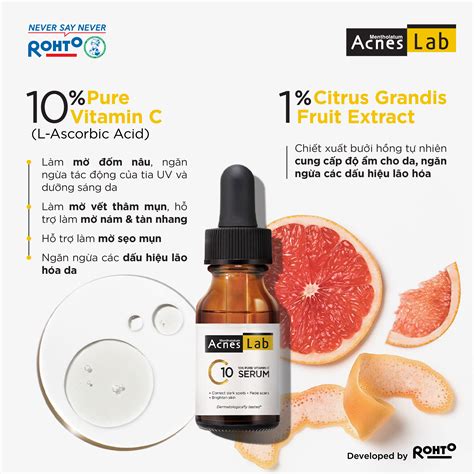 Review Seum VItamin C 10% dưỡng trắng mờ thâm sạm Acnes Lab C10 serum 15ml
