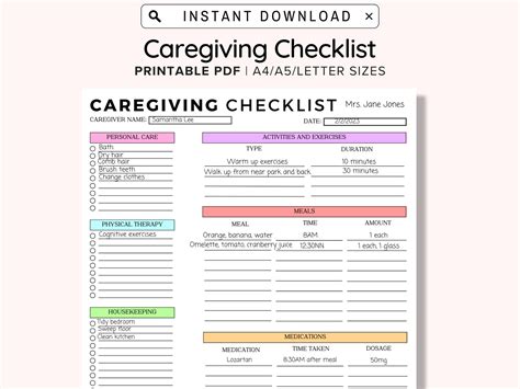 Caregiver Daily Tasks Printable, Caregiving Checklist, Elderly Care ...