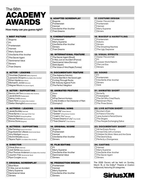 Printable Oscars 2026 Ballot: Download Free PDF Now
