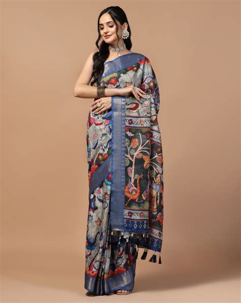 Women's Grey Kalamkari Digital Print Zari Tusser Munga Silk Saree – Trendia