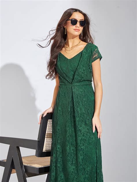 Latin Quarters Women Green V-Neck Cap Sleeves Solid A-Line Dress For E