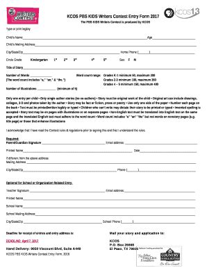 KCOS PBS KIDS Writers Contest Entry 2017 Doc Template | pdfFiller