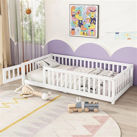 Twin Floor Bed with Slats and Center Support Bar, Wood Montessori Floor ...