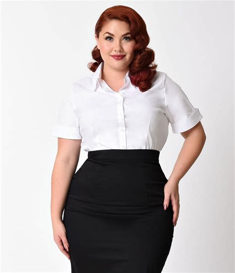Plus Size White Collared Short Sleeve Cotton Button Up Blouse | Vintage ...