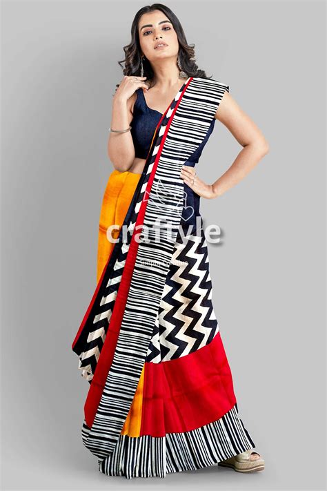 Red & Black Hand Block Print Mulberry Pure Silk Saree – Craftyle