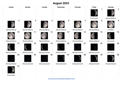 August 2025 Moon Phases Calendar | Custom Calendar Maker