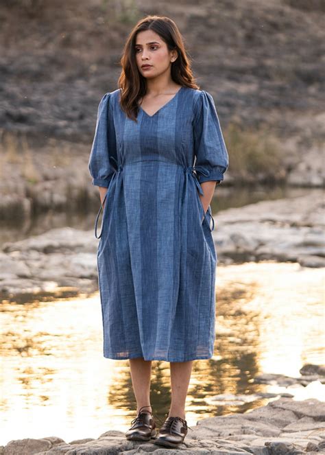 Get Navy Blue Striped V-Neck Dress with side tie-ups at ₹ 2499 | LBB Shop