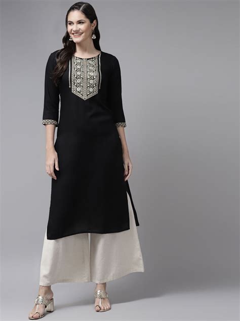 Black Ethnic Motifs Yoke Design Kurta freeshipping - Yufta Store