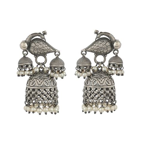 Antique Elegance Lattice Work Faux Pearls Brass Silver Plated Jhumka E ...