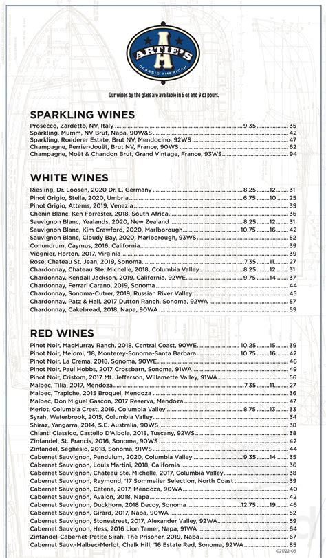 Artie's menu in Fairfax, Virginia, USA