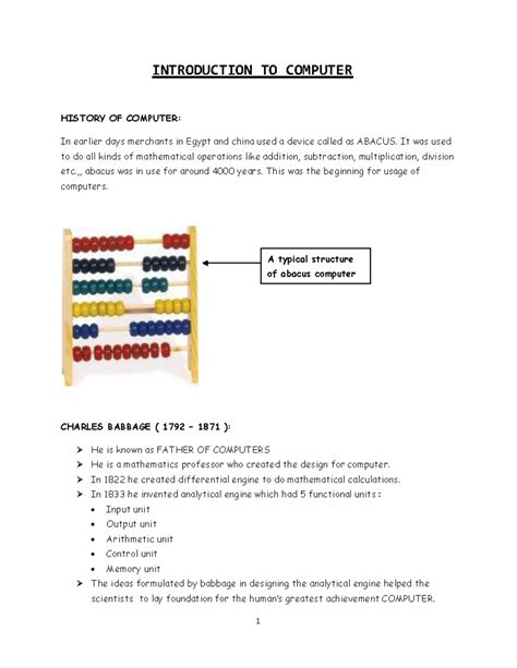 Unit-1 - INTRODUCTION TO COMPUTER HISTORY OF COMPUTER: In earlier days ...