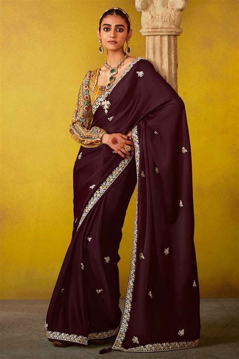 Buy Wine Organza Function Wear Saree From Designer Lehenga Choli