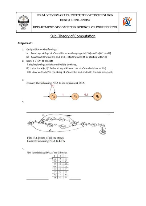 Theory of Computation Assignment 1 - SIR MVIT CSE - Studocu