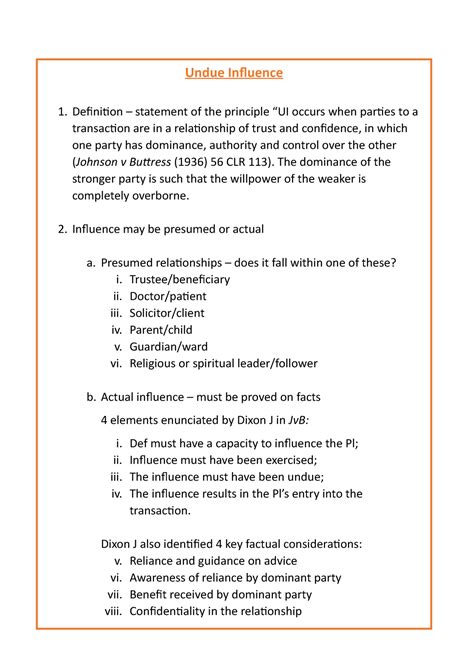 Equity Cheat Sheet - Undue Influence - Undue Influence 1. Definition ...