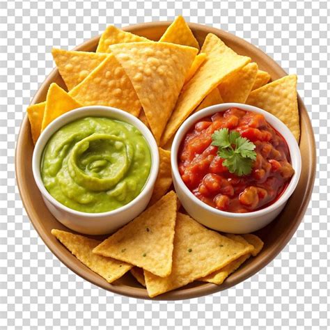 A plate of food with chips salsa and guacamole on transparent ...