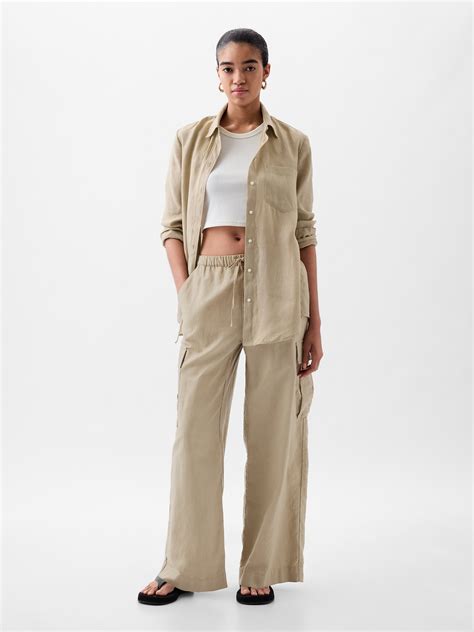 Mid Rise Linen-Cotton Pull-On Cargo Pants | Gap